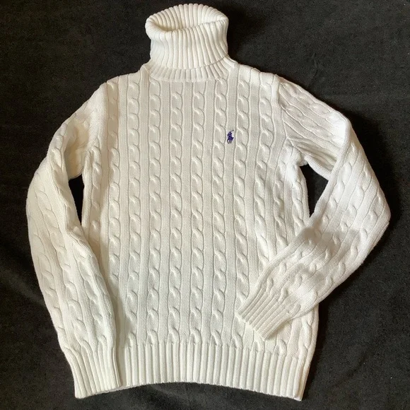 Ralph Lauren Sport CowlNeck Sweater Women Med. White Cable Knit Pullover Cotton - Picture 4 of 12